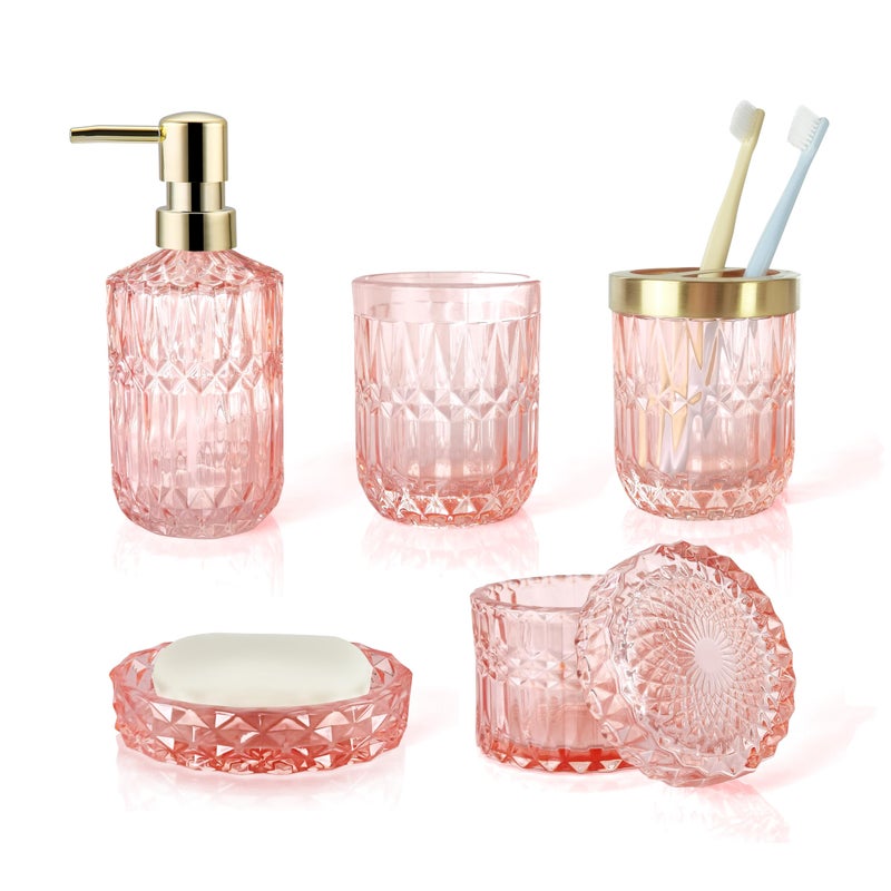 LaMarriti Pink Bathroom Accessories  5pcs Glass Bathroom Accessories Set  Soap Dispenser Set  Soap Dish  Tumbler  Cotton Swab Jars  Toothbrush Holder  Modern Bathroom Decor  Set - Image 1